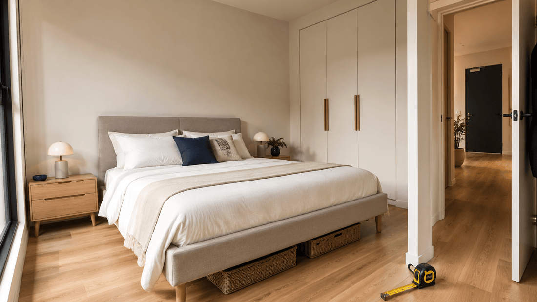 Queen bed arranged with practical walking and storage space in a modern Melbourne apartment bedroom