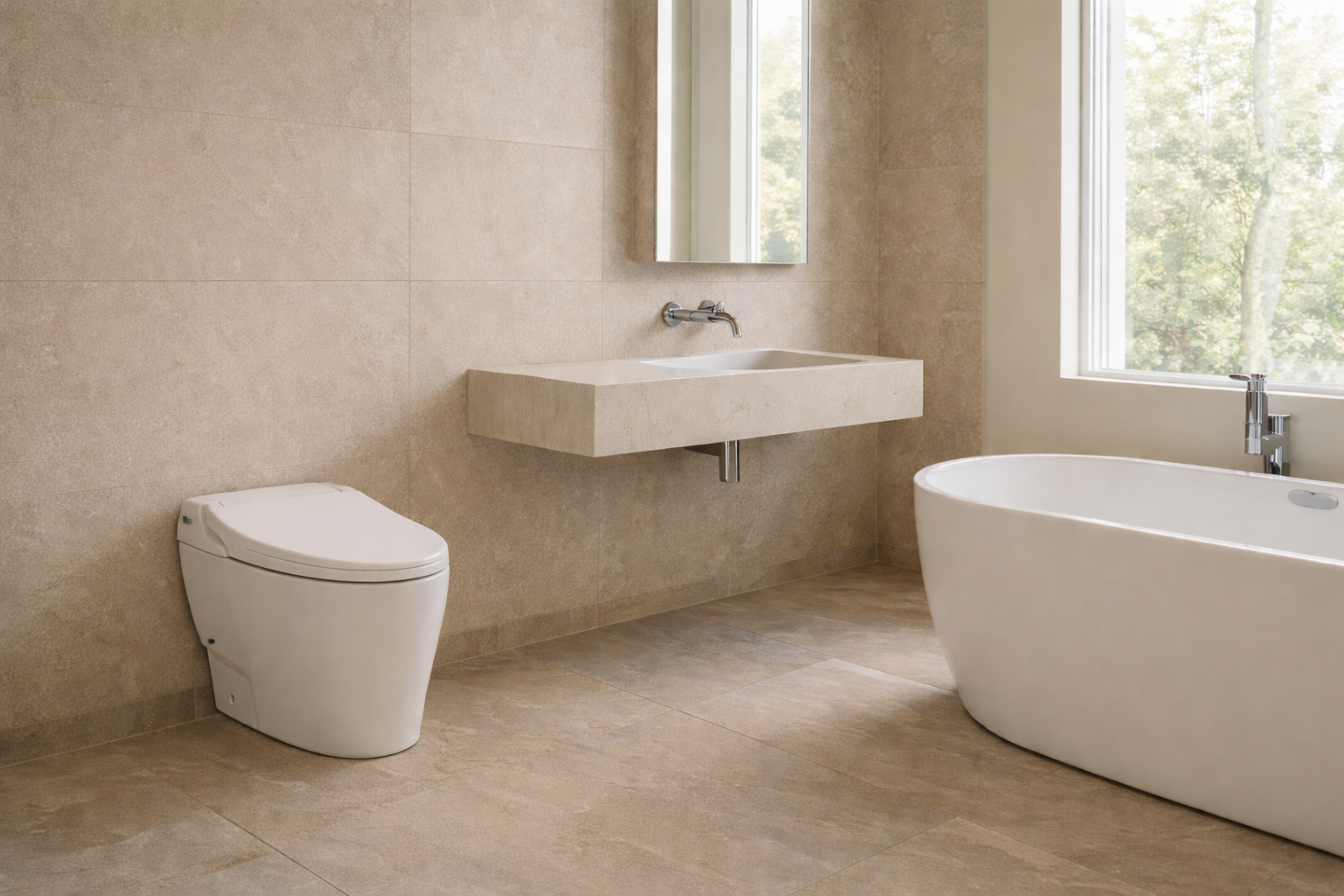 Modern bathroom with a smart toilet, sink, and bathtub.