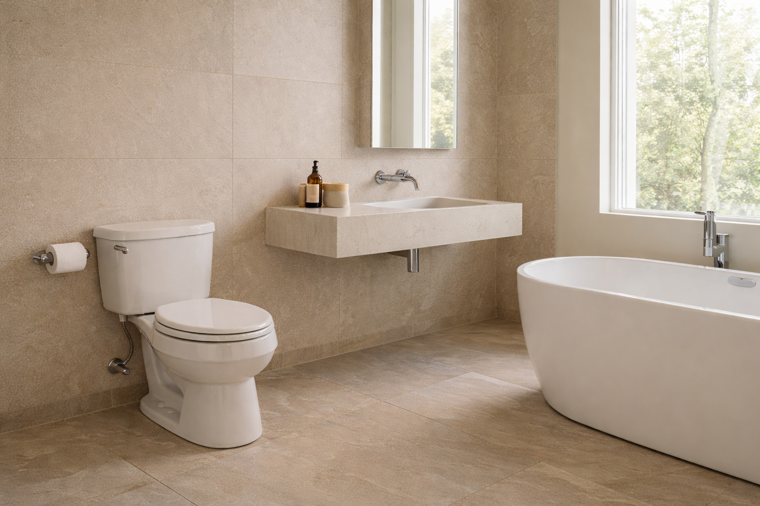 Modern bathroom with toilet, sink, and bathtub.