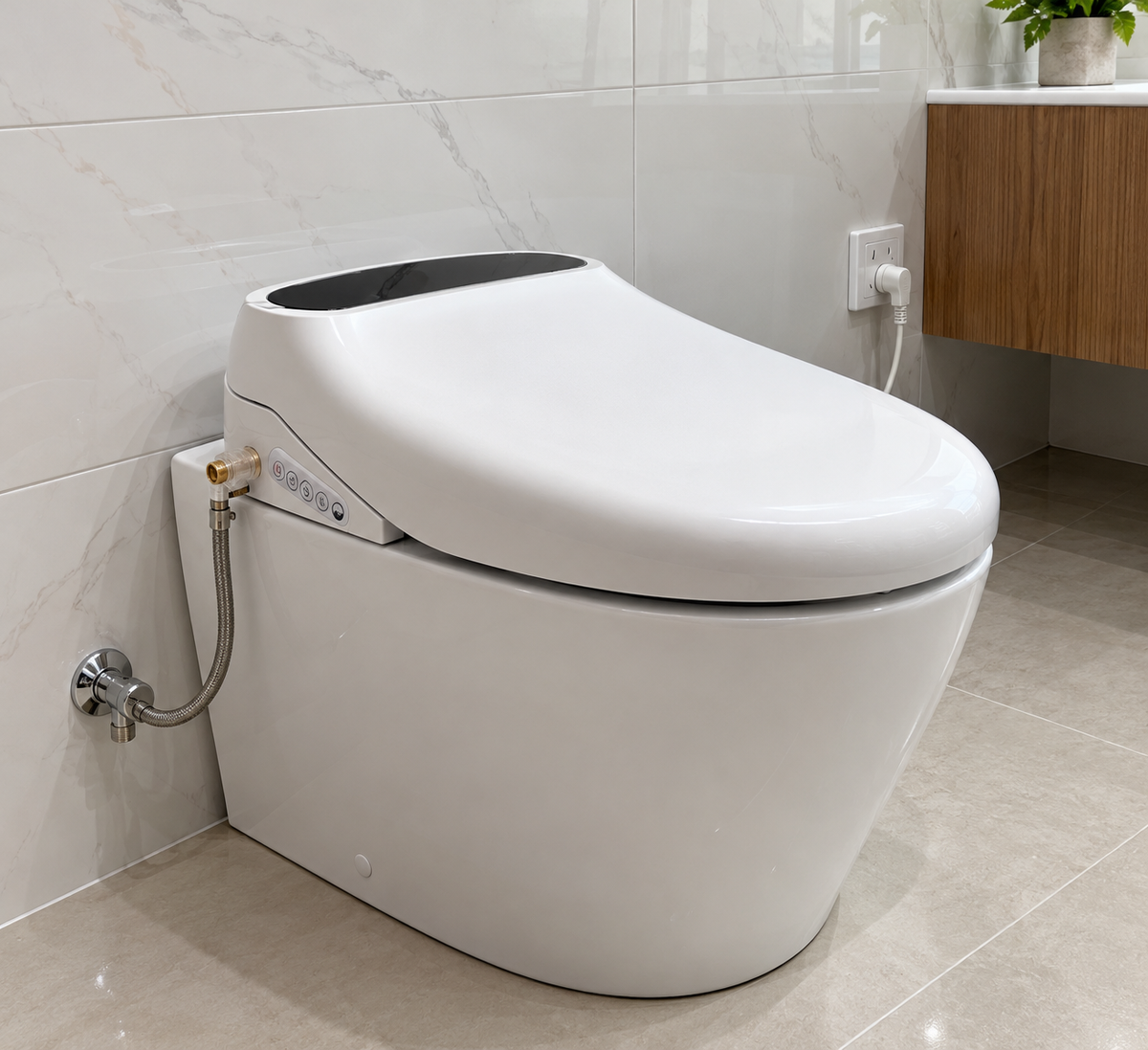 Power and water connections on the OSHONIC Essence smart bidet seat