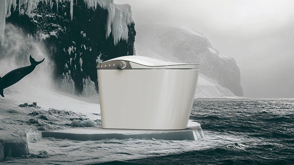 Aura Zenith Modern toilet in a icy landscape with a whale in the background