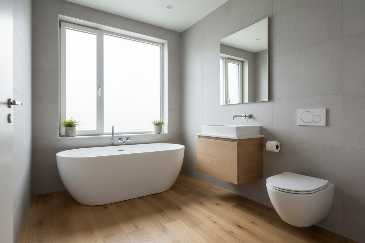 Realistic bathroom photo with bathtub, basin, and toilet.
Modern clean bathroom with neutral colors and natural daylight.
Traditional toilet seat.
Toilet paper holder mounted on the wall.

